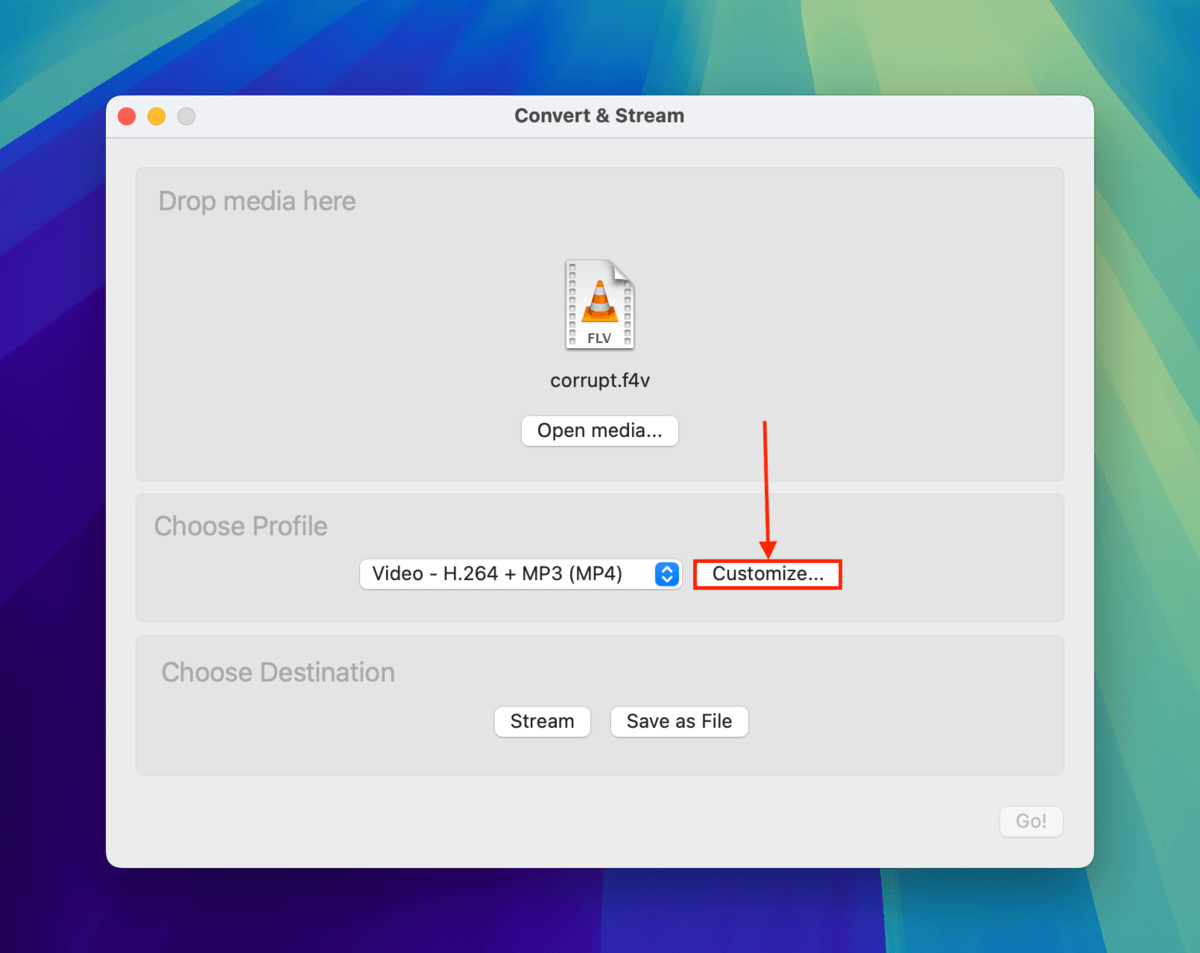Customize button in VLC Media Player's Convert & Stream window