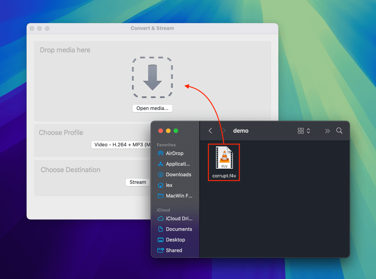 Dropping a corrupted F4V file in VLC Media Player's Convert & Stream window