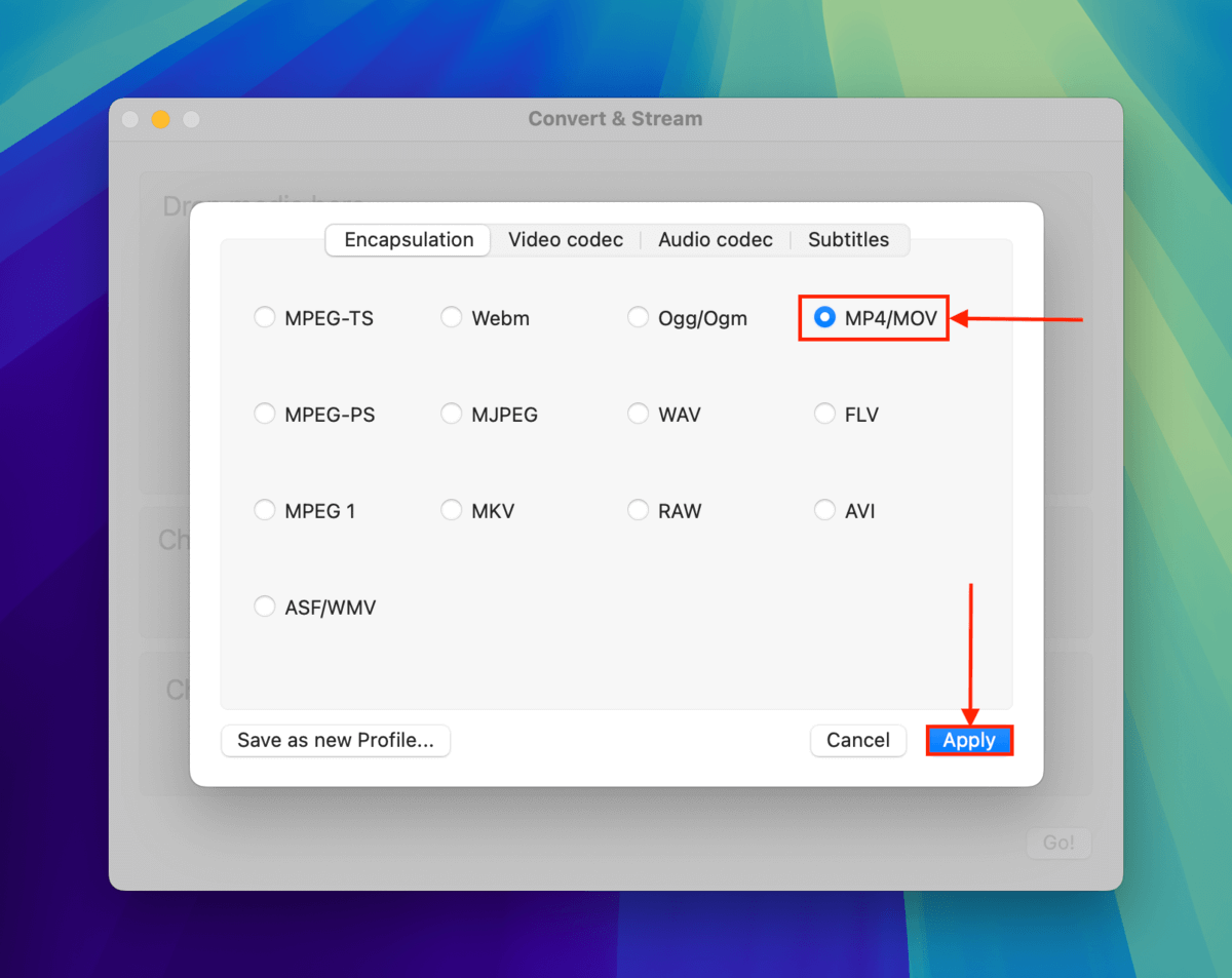 VLC Media Player Encapsulation menu 