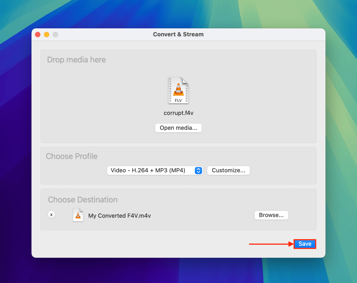 Save button in VLC's Convert & Stream window