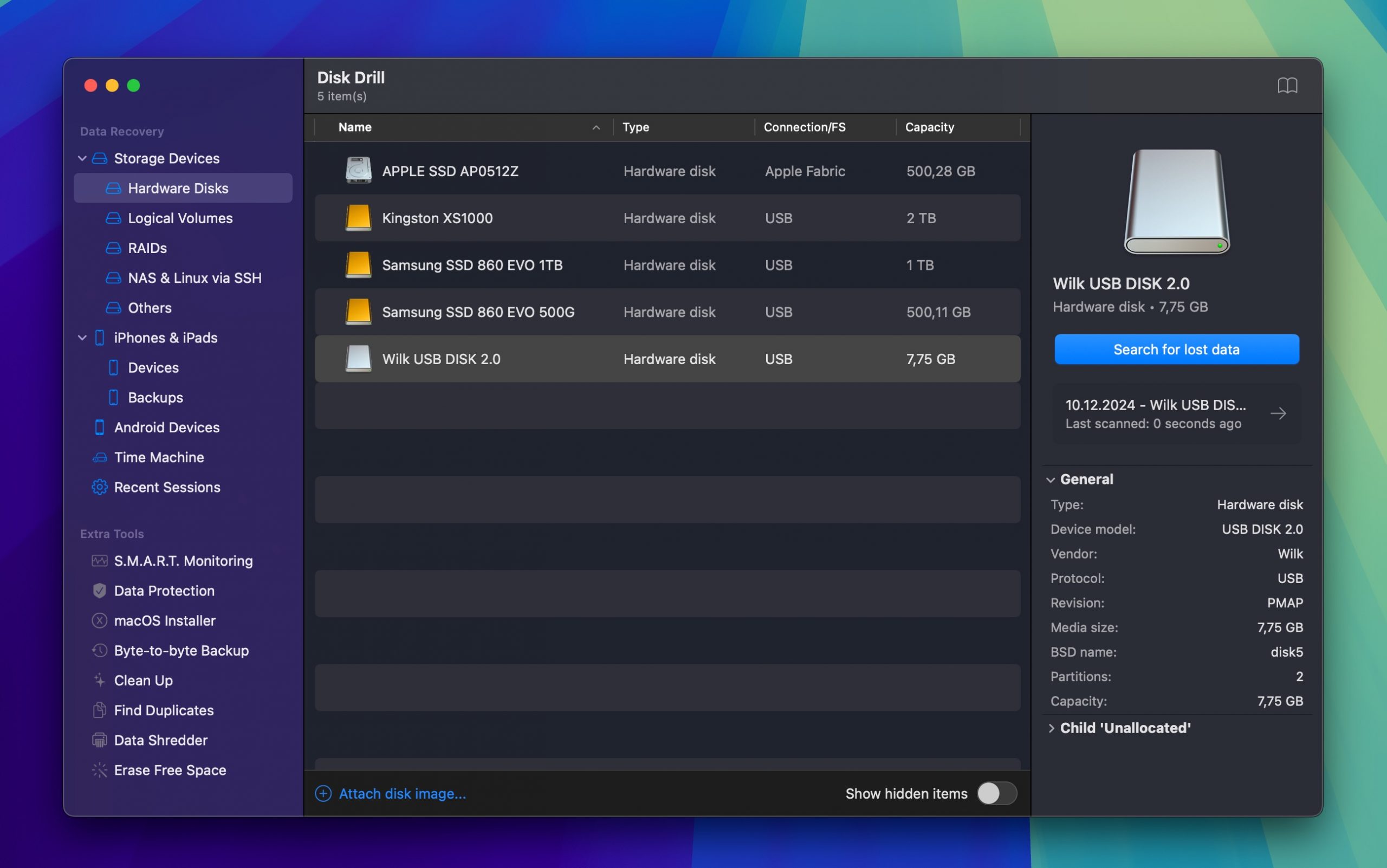 disk drill drive selected dark mode