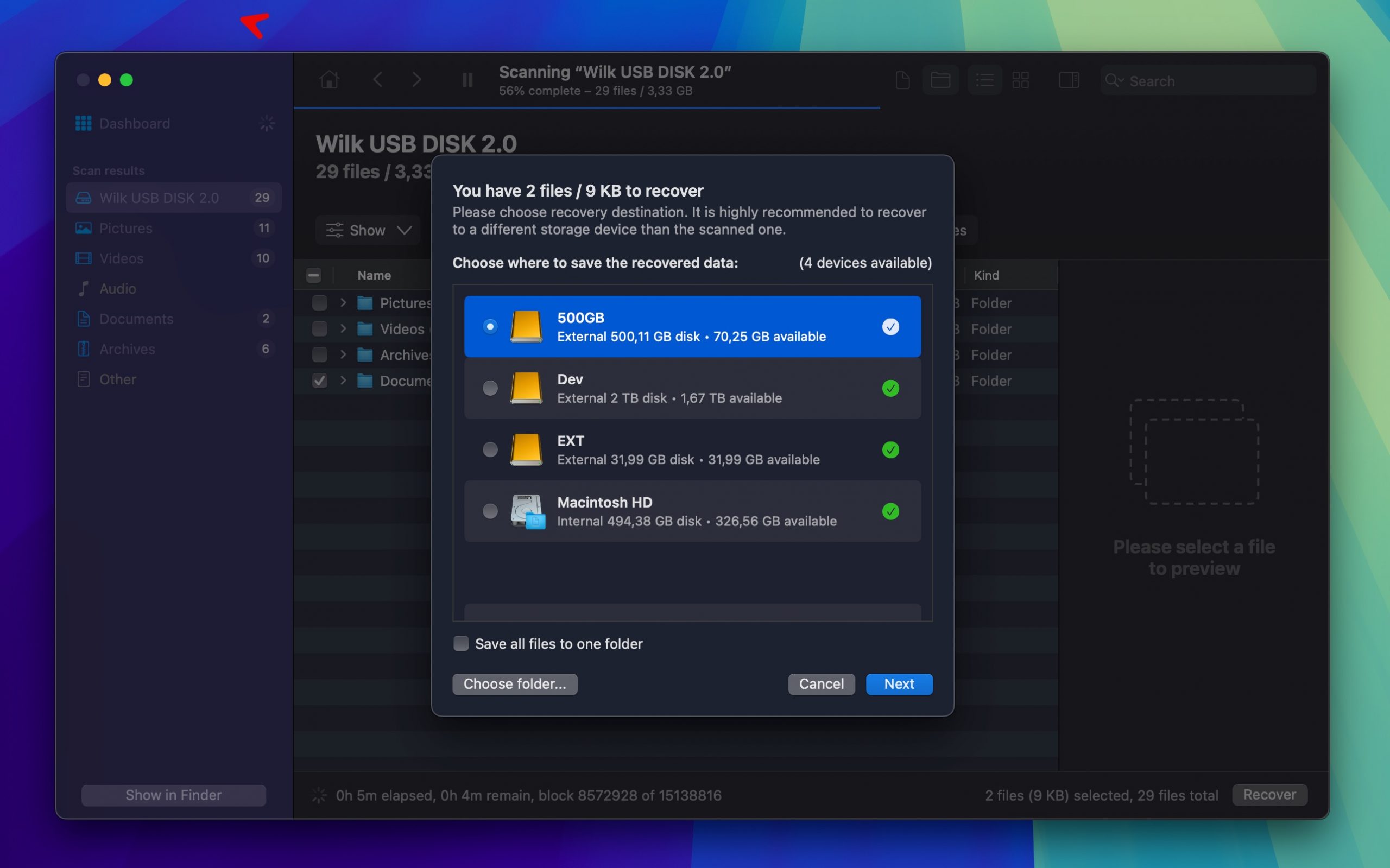 disk drill recovery destination dark mode