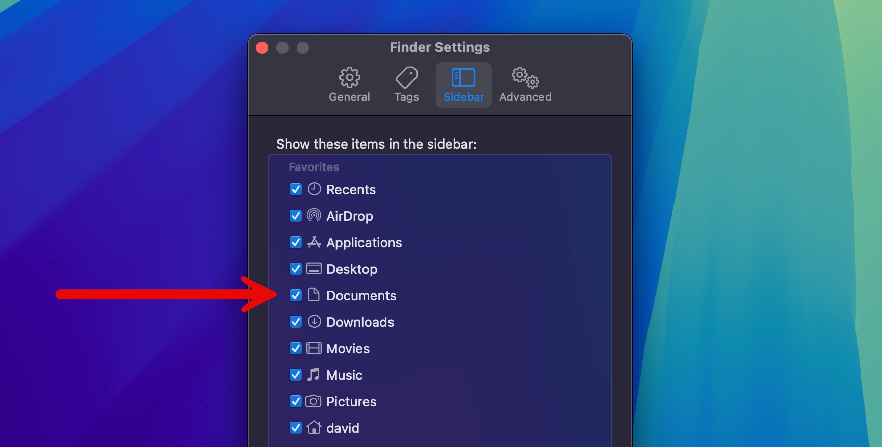 finder settings documents sidebar