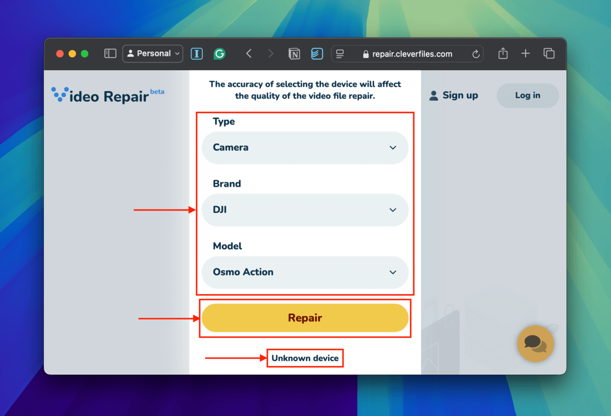 Choosing the device details of the corrupted recovered video file on the Clever Online Video Repair website