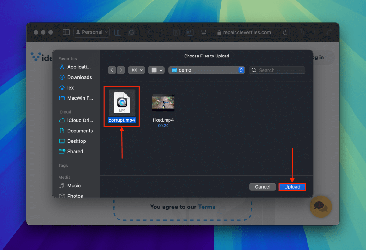 Selecting corrupted recovered video in Clever Online Video Repair's file selection dialogue box