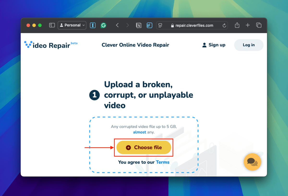 Choose file button on the Clever Online Video Repair homepage
