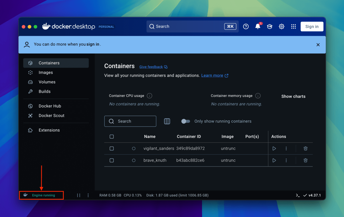 Engine Running status in the Docker app window