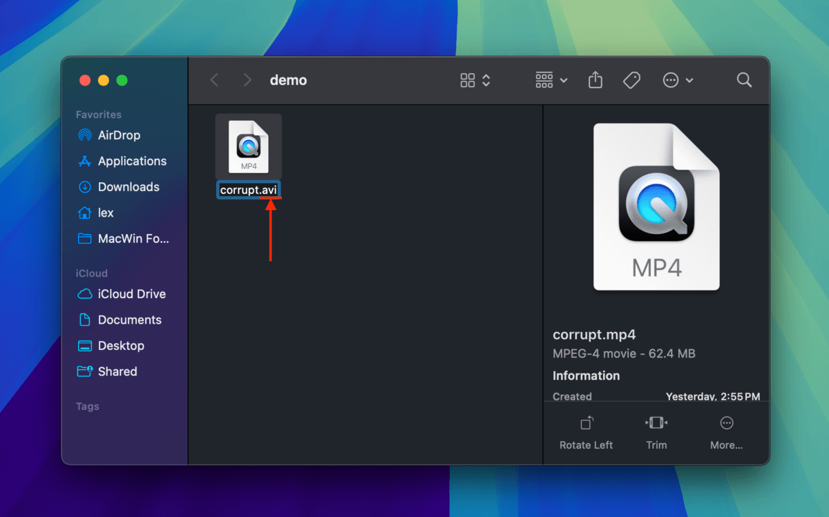 Changing the extension of recovered corrupted video file from MP4 to AVI