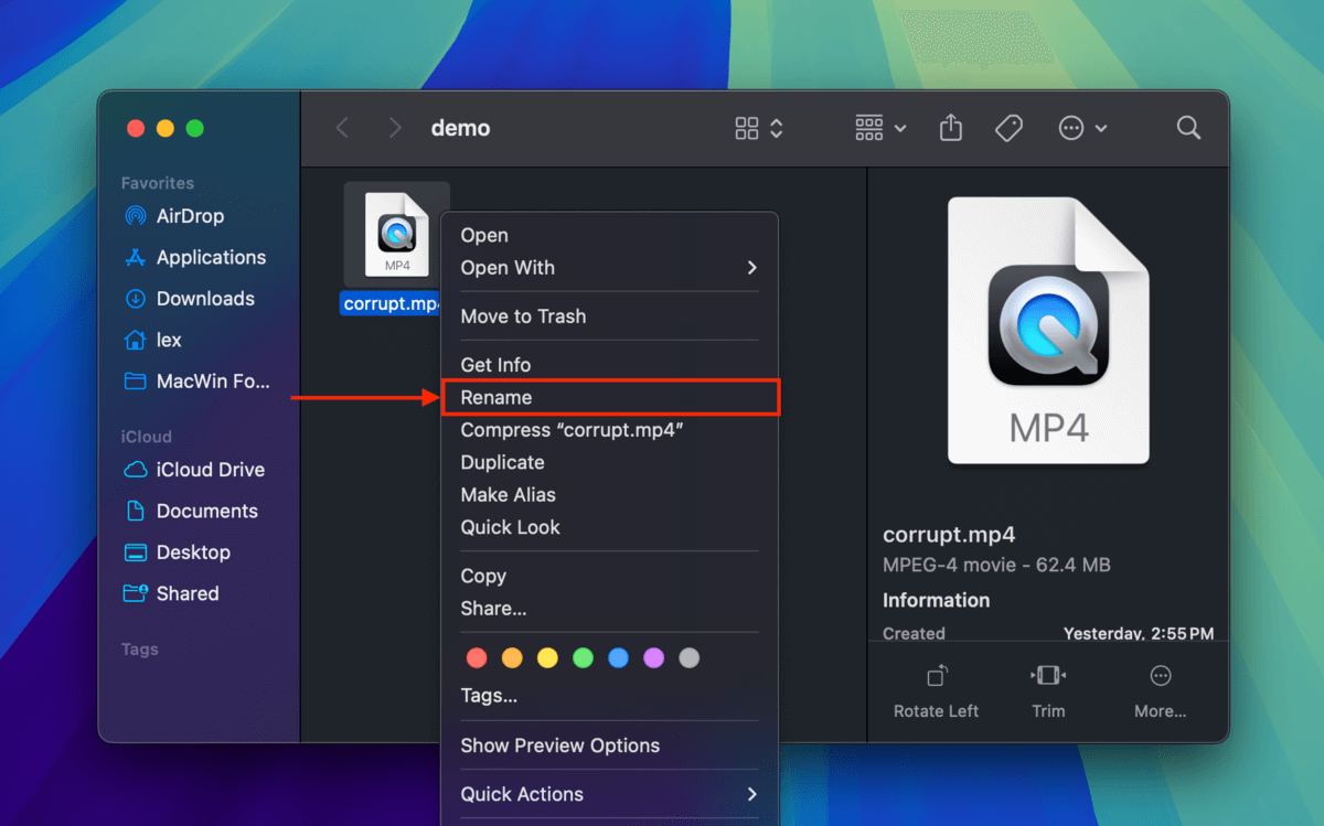 Rename option in Finder's right-click menu