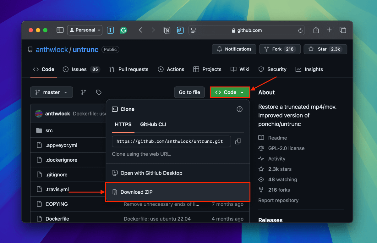 Downloading Untrunc's ZIP file on GitHub