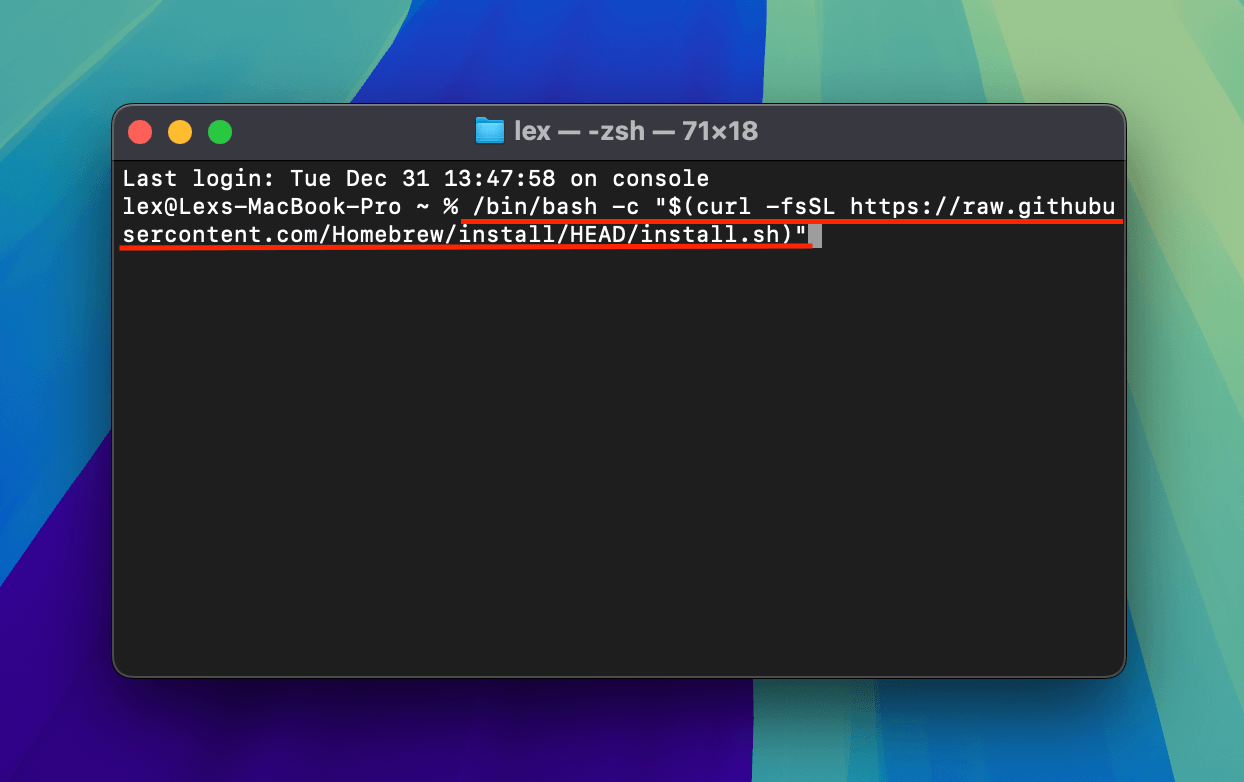 Executing installation command for Homebrew in the Terminal app