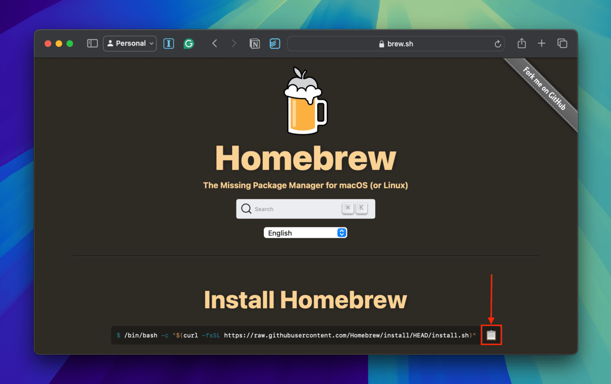 Installation command in the Homebrew homepage