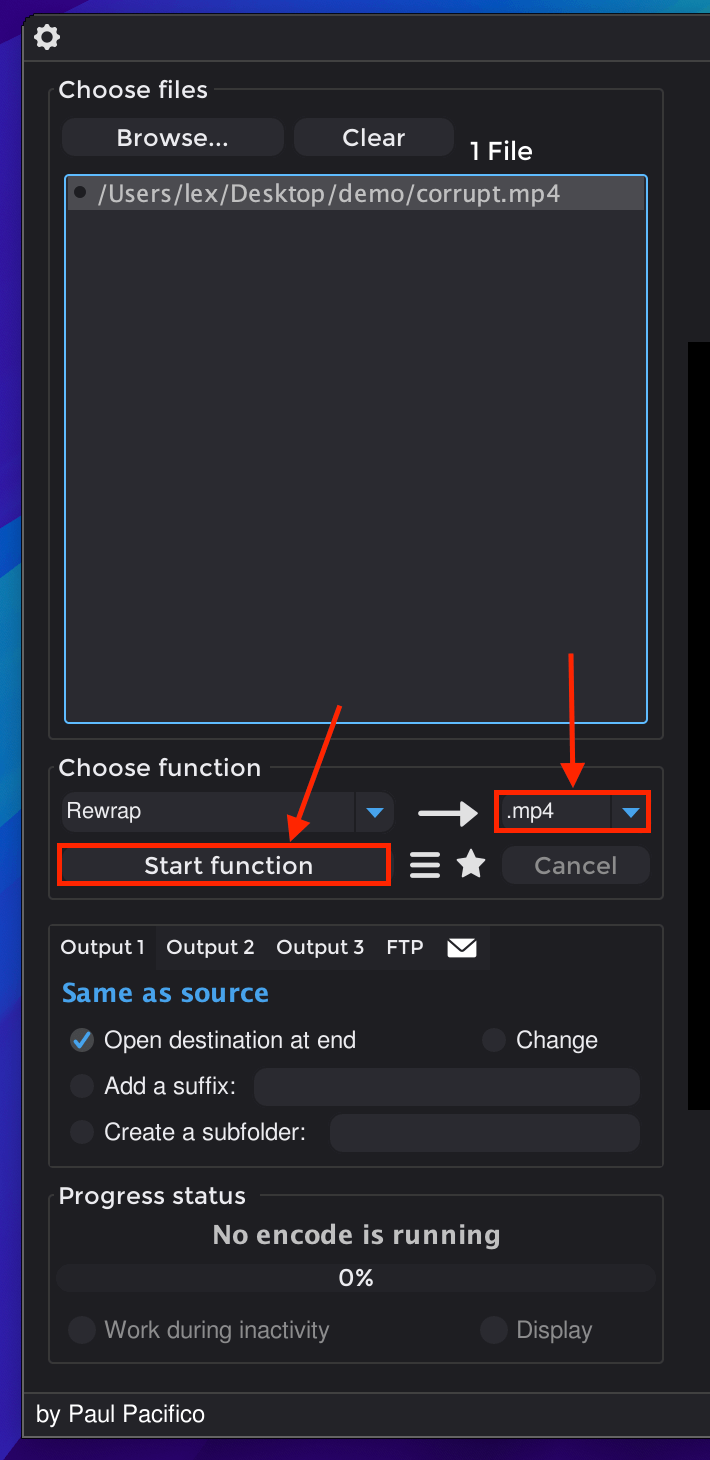 Selecting "MP4" as the new wrapper for the file in Shutter Encoder