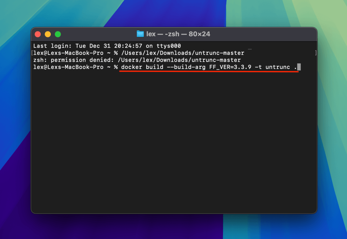 Using a Terminal command to build Untrunc's FFmpeg build via Docker