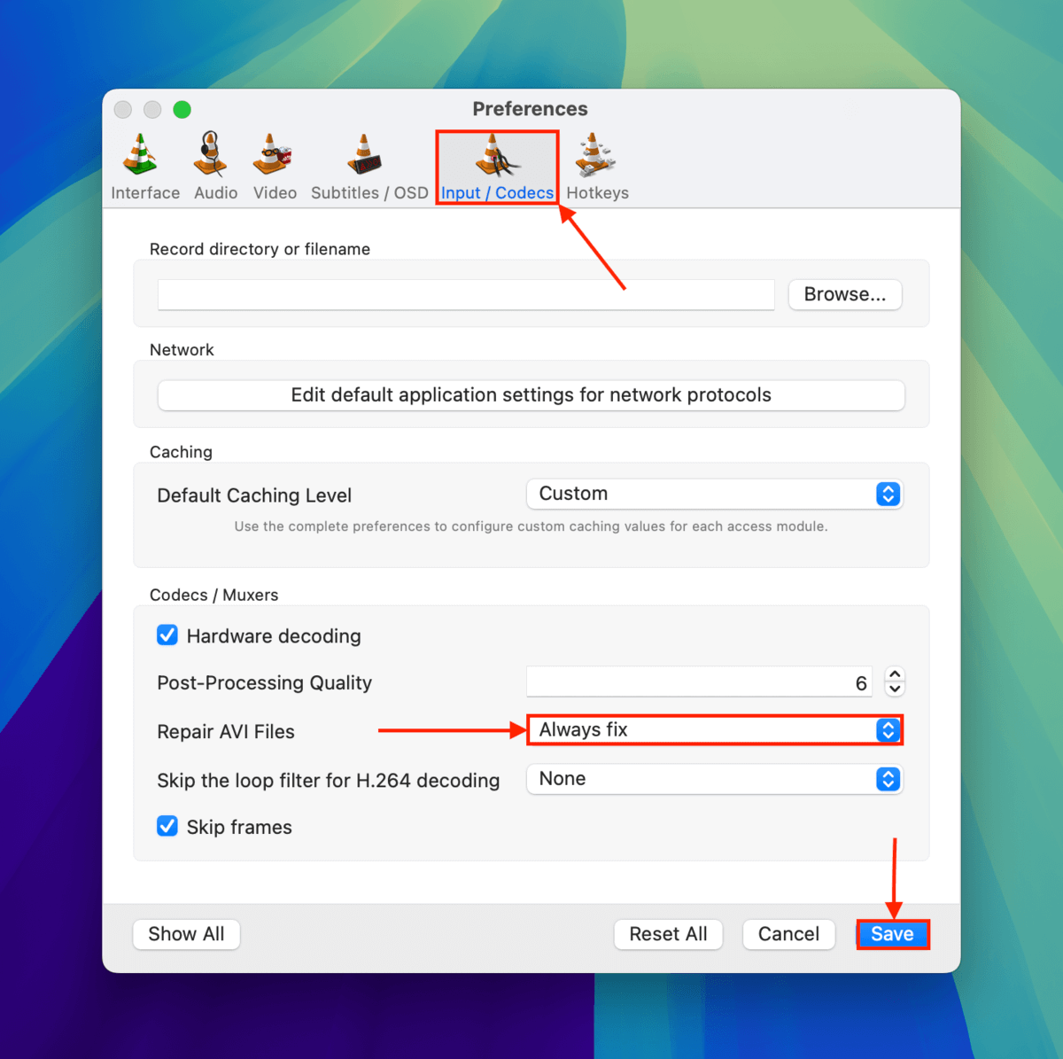AVI repair parameters in VLC Media Player settings menu