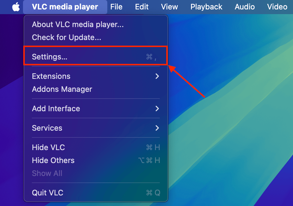 Settings button in VLC Media Player's main menu