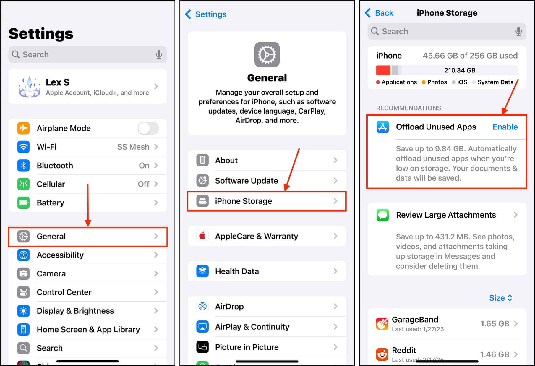 Offload Apps function in the Settings app