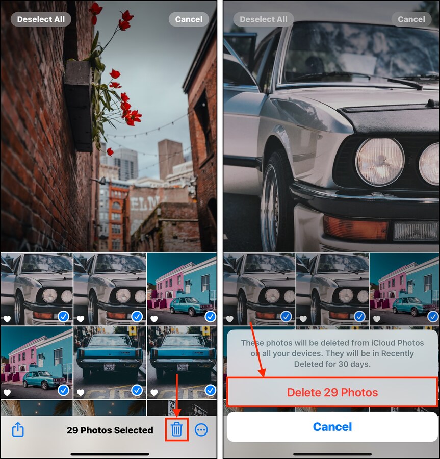 Selecting all photos for deletion in an iOS album