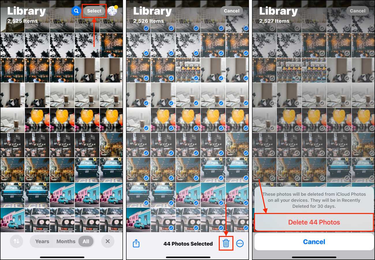 Deleting multiple photos in the Photos app library