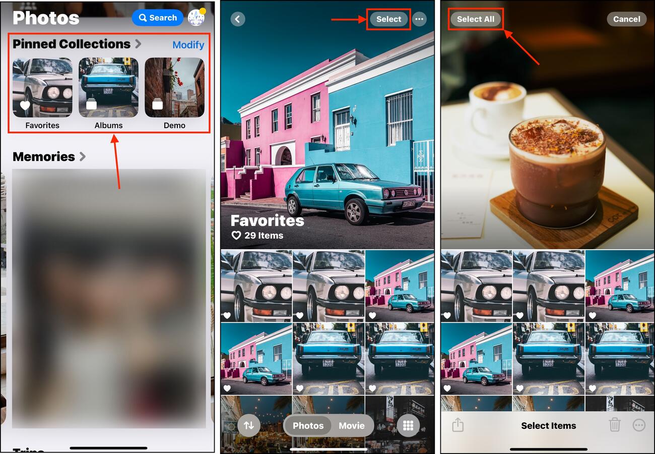 Selecting all photos in the an album in Pinned Collections in the Photos app