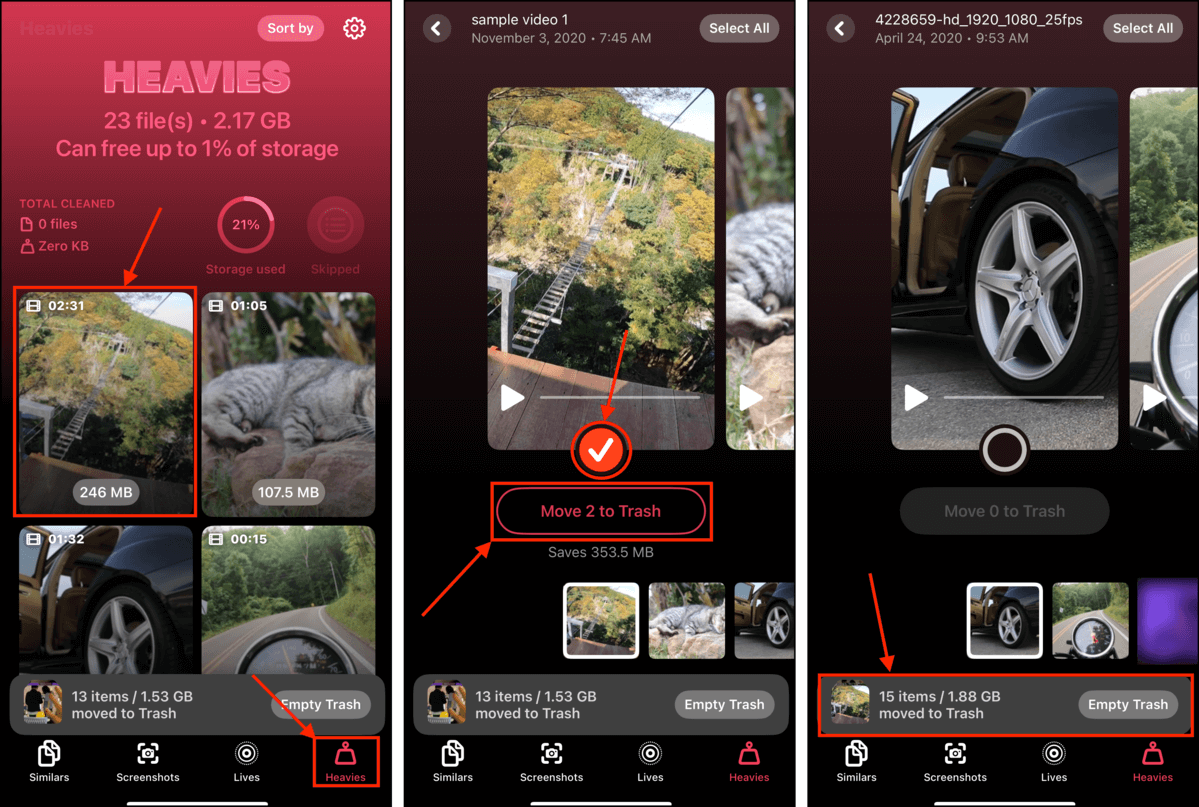 Reviewing heaviest media files in the Clever Cleaner: AI CleanUp App