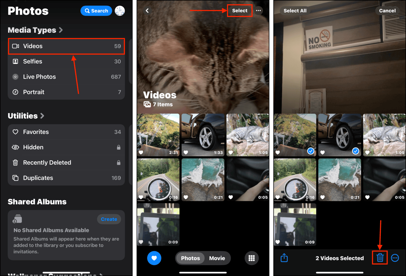 Deleting iPhone videos in the Photos app