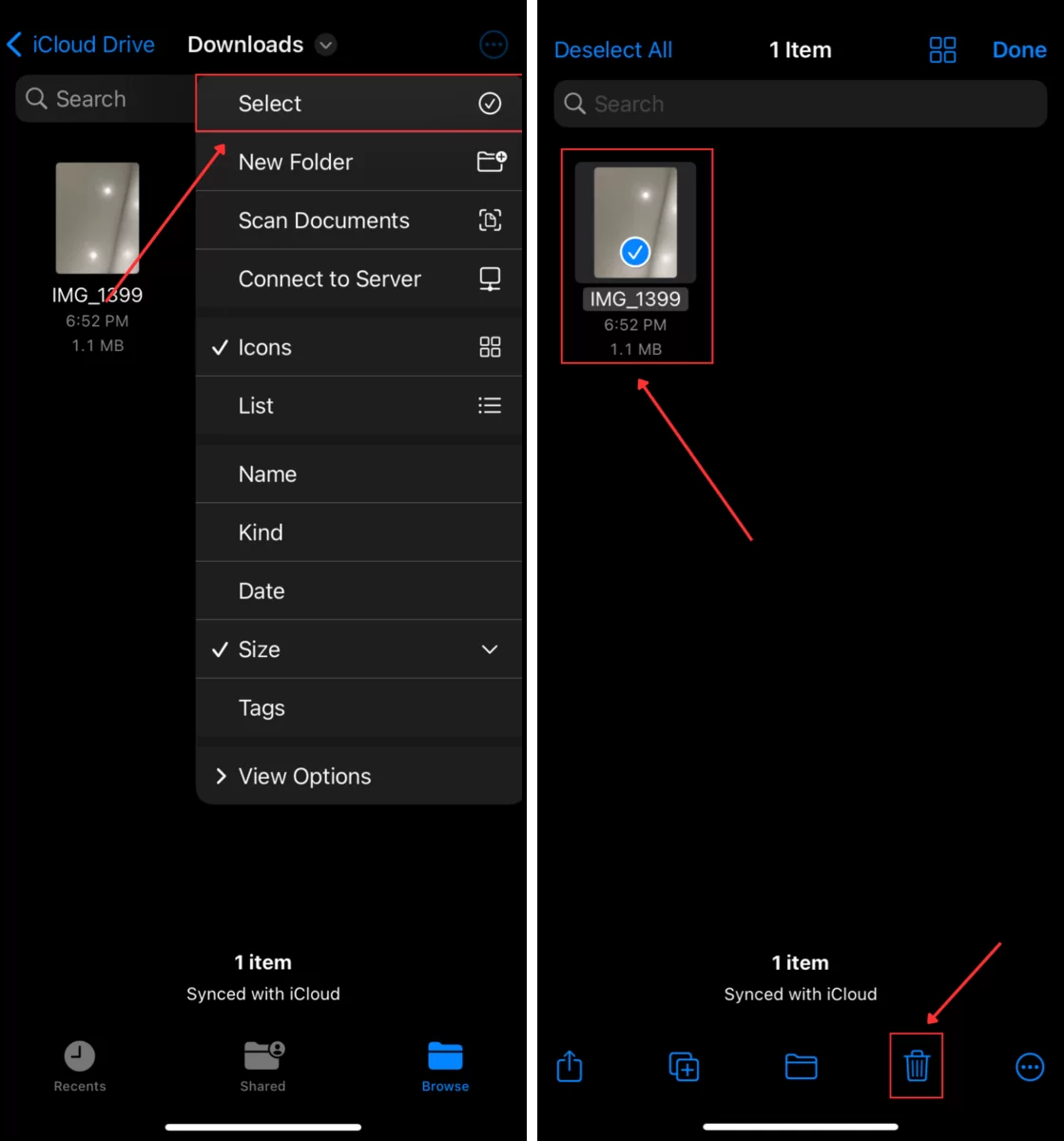 Deleting downloaded videos in the Downloads folder in the iPhone Files app