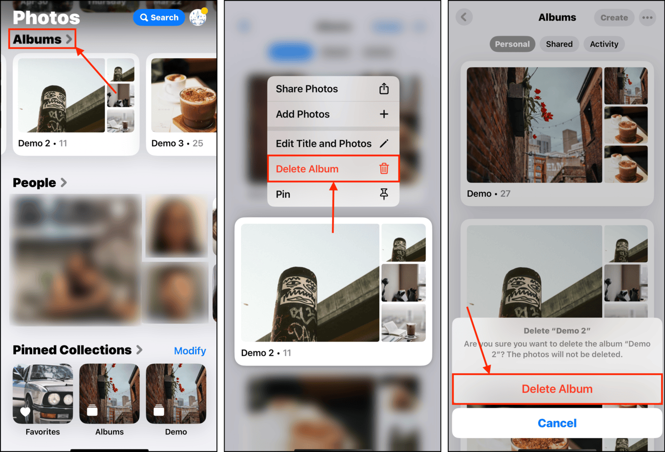 Deleting an album in the Photos app