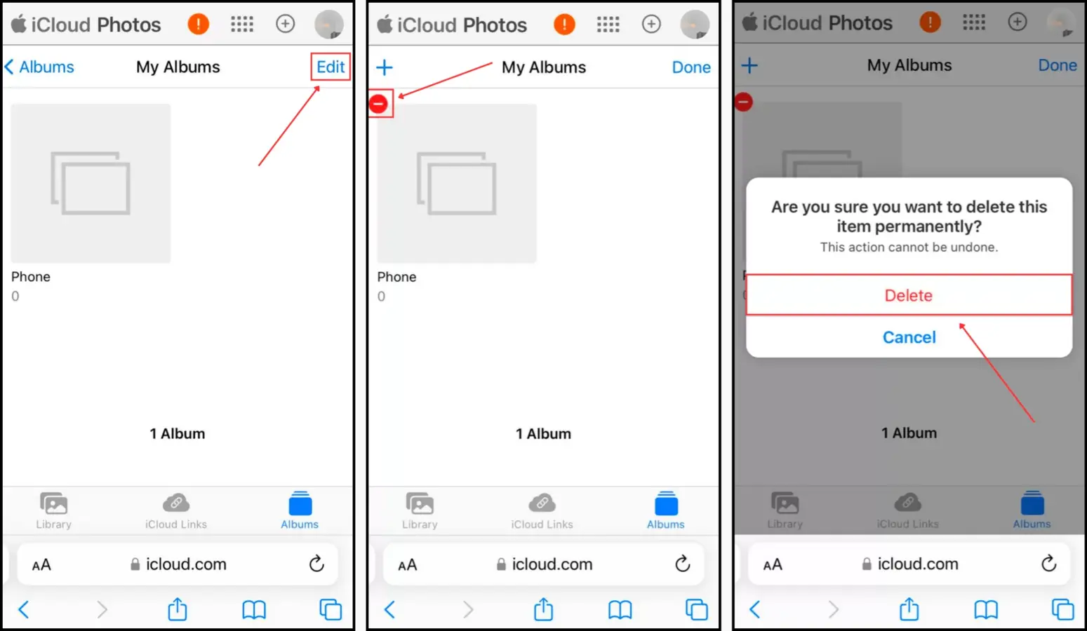 Deleting an photo album via iCloud on an iPhone