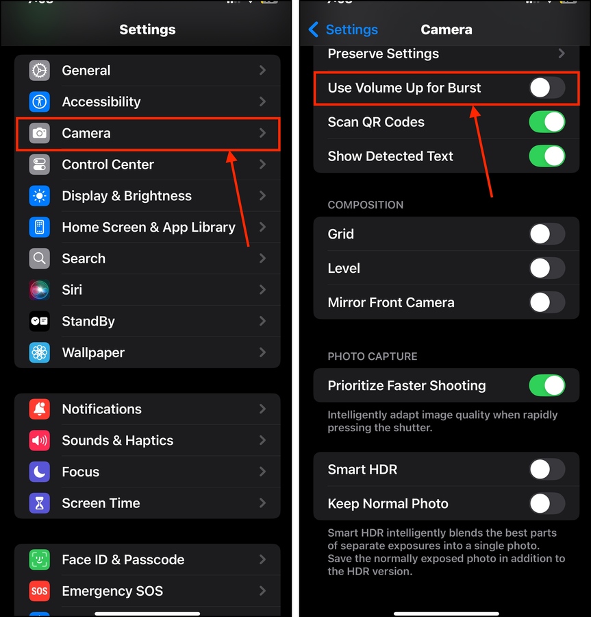 Volume Up button for Burst setting