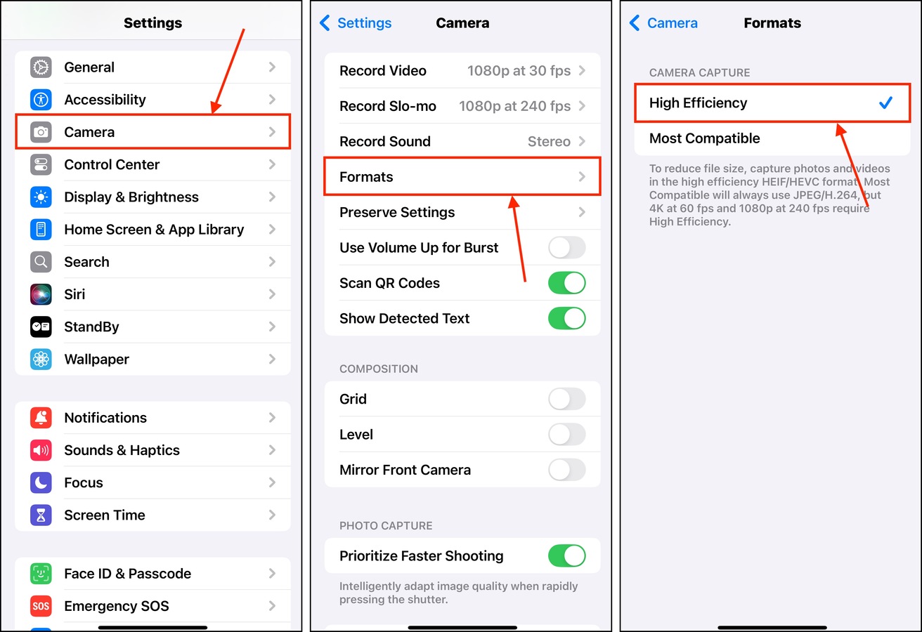Changing photo format settings on an iPhone