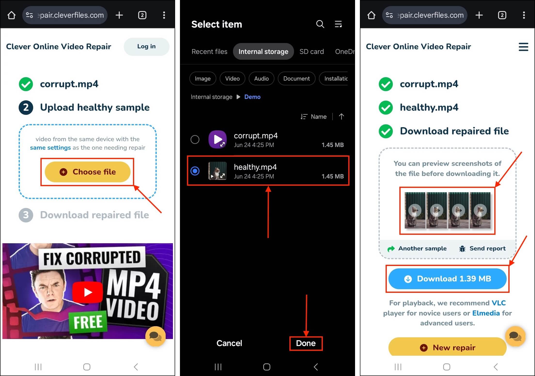 Downloading a successfully repaired video from Clever Online Video Repair on an Android smartphone
