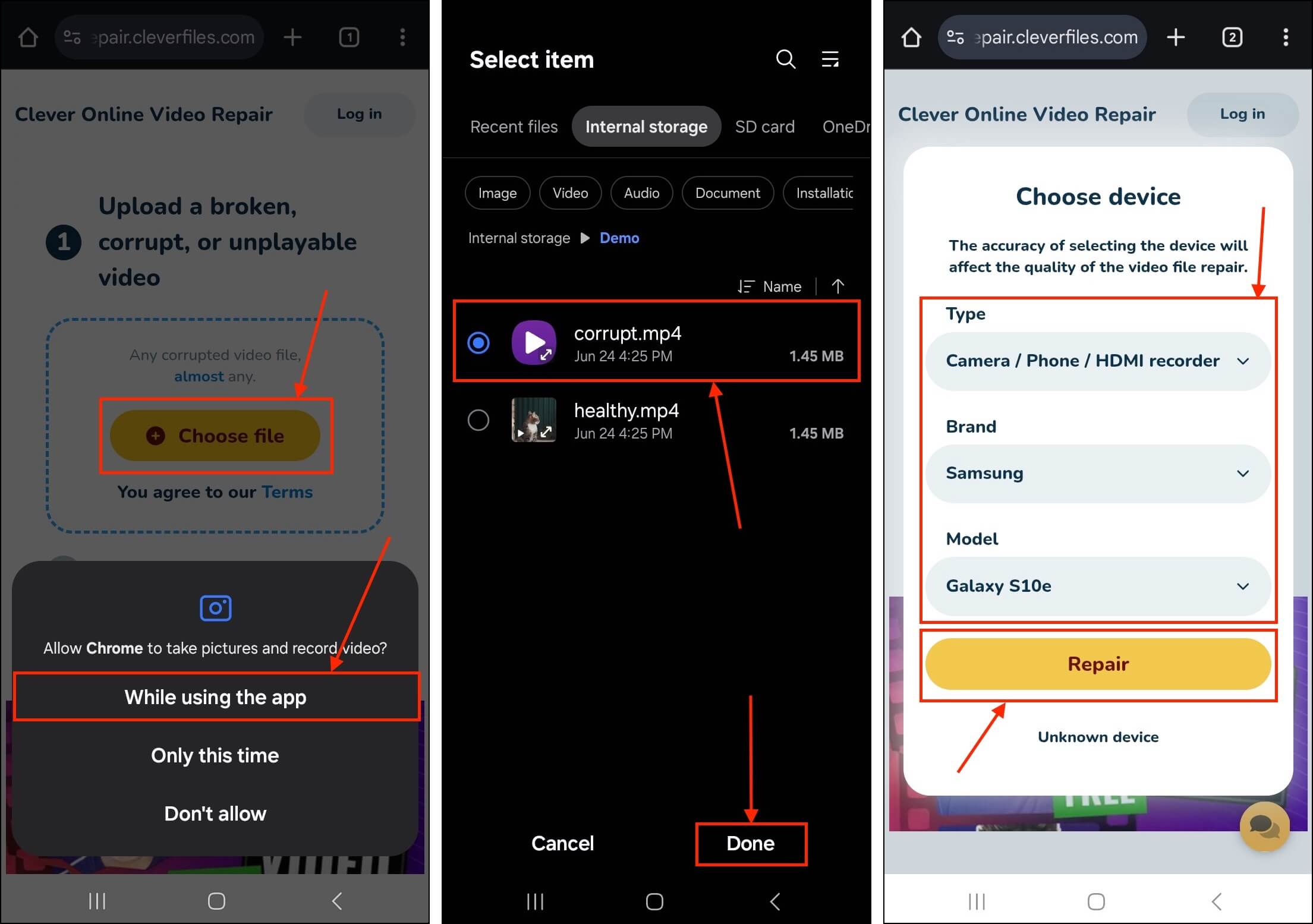 Uploading a video to Clever Online Video Repair on an Android smartphone