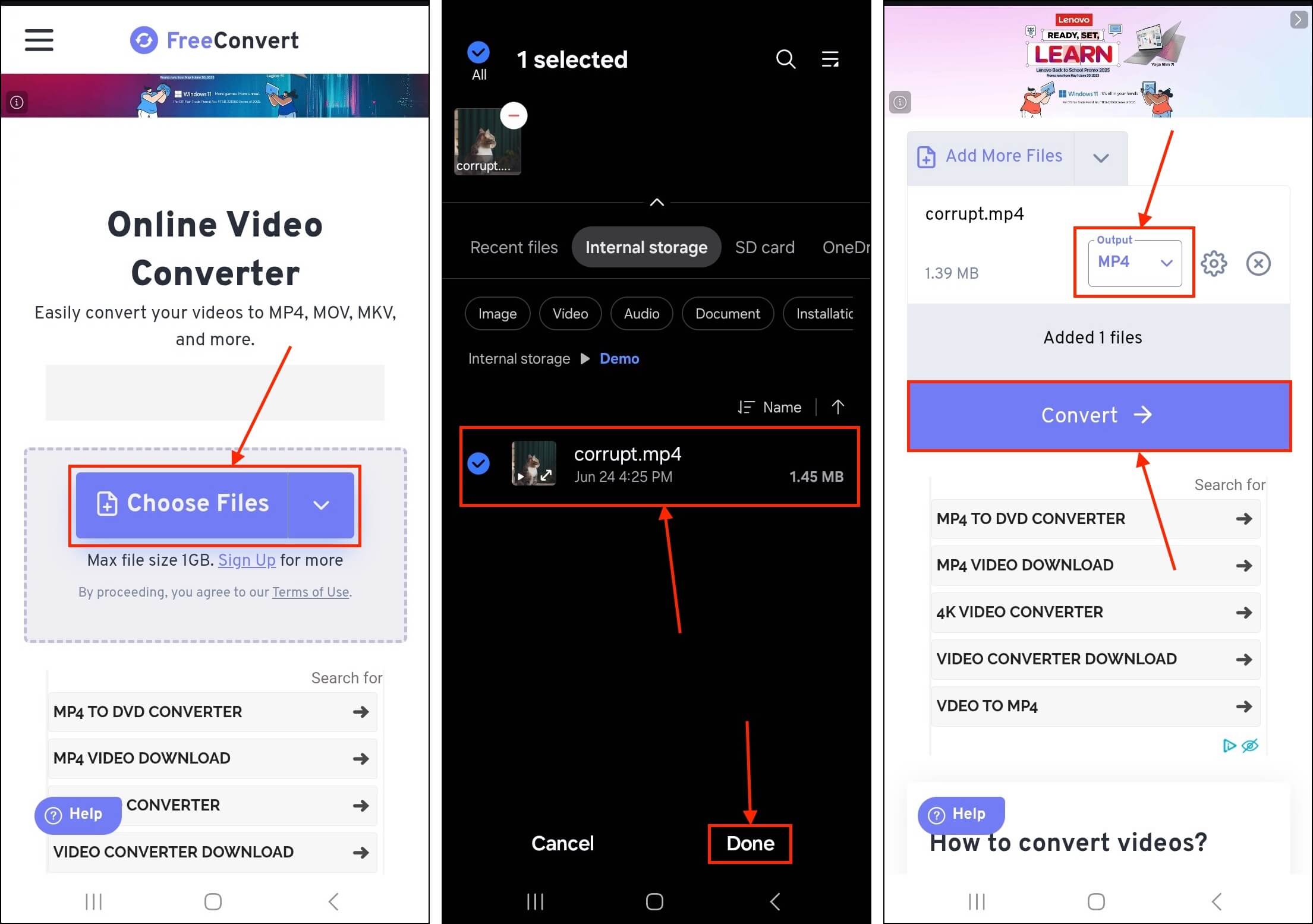 Converting an MP4 video using FreeConvert.com on an Android smartphone