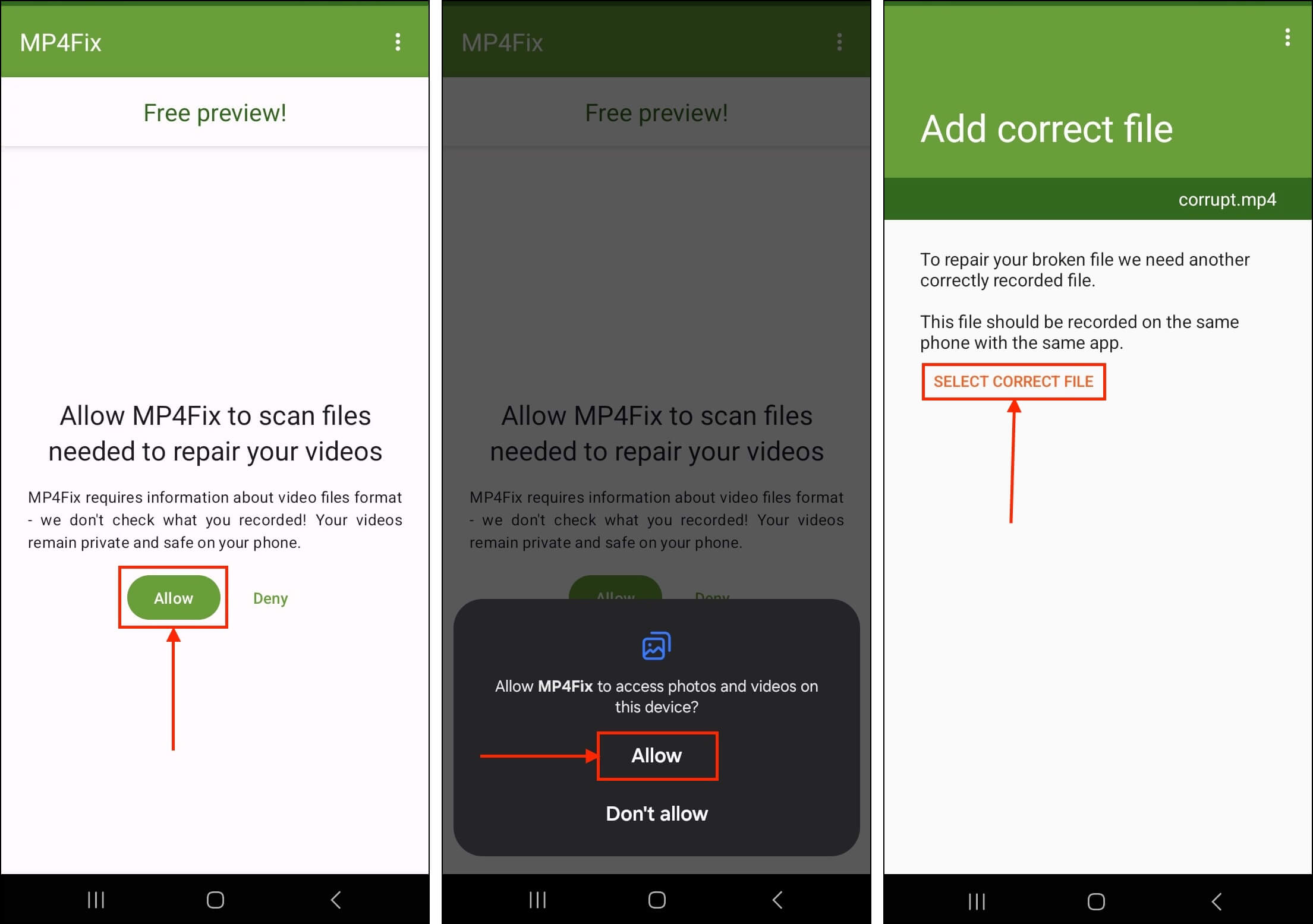 Selecting videos for repair in the MP4Fix app on an Android smartphone