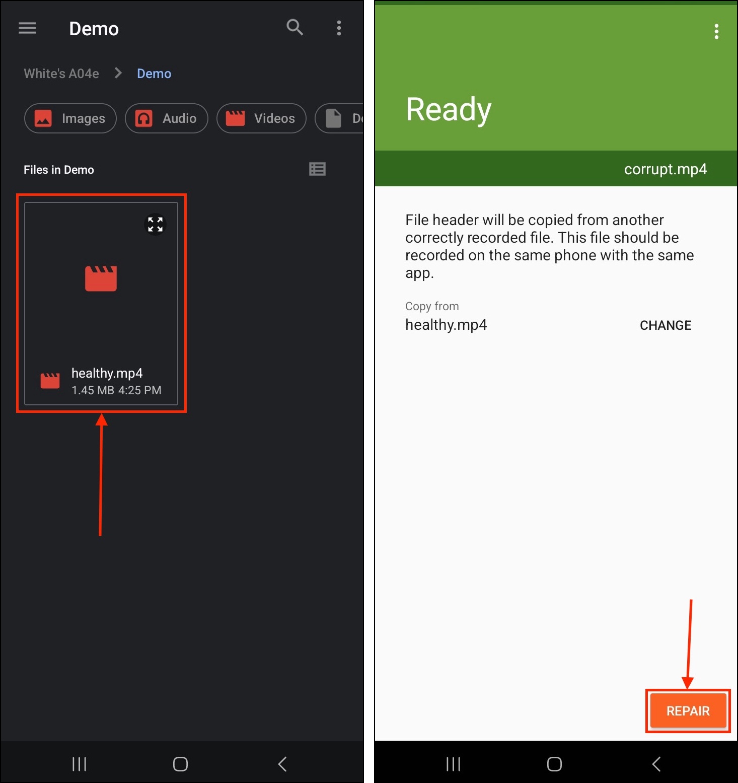 Repairing a video in the MP4Fix app on an Android smartphone