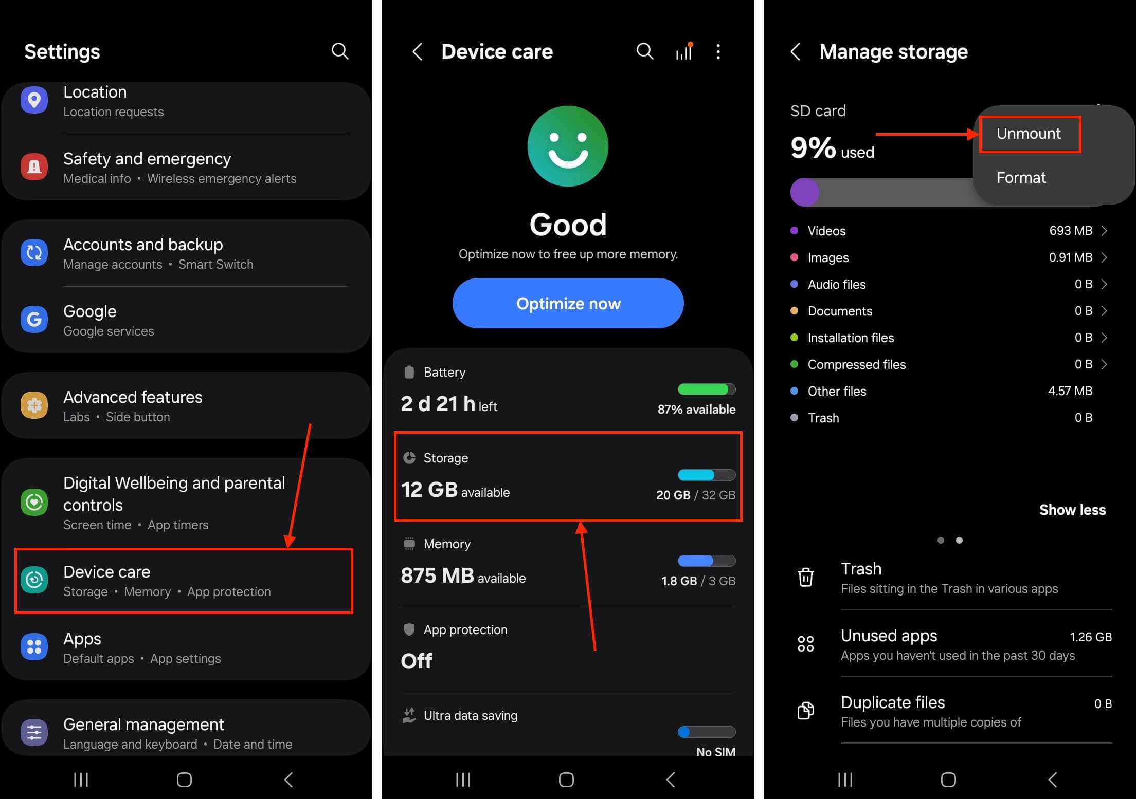 Unmounting an SD card on an Android smartphone