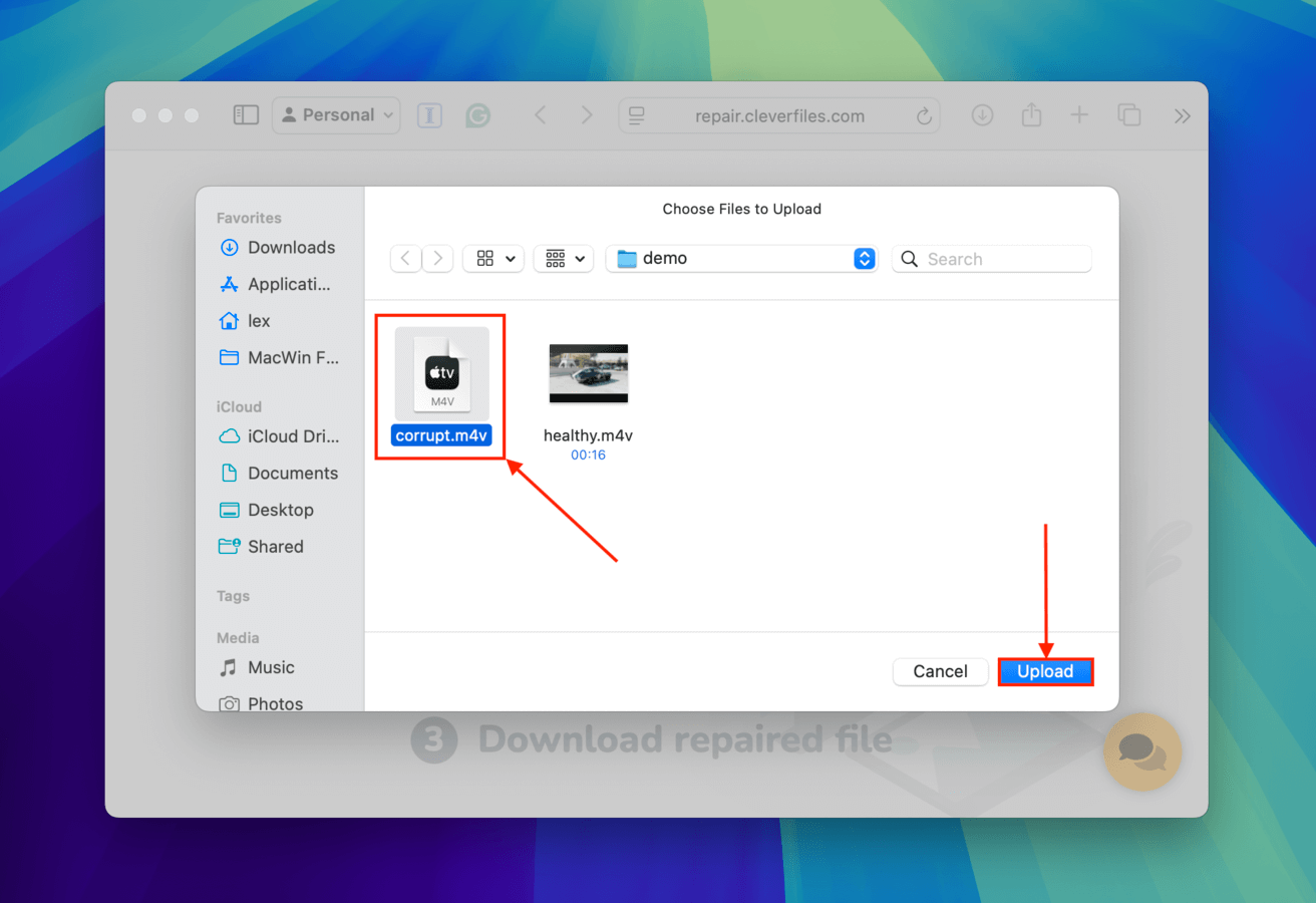 Selecting a video for uploading to Clever Online Video Repair