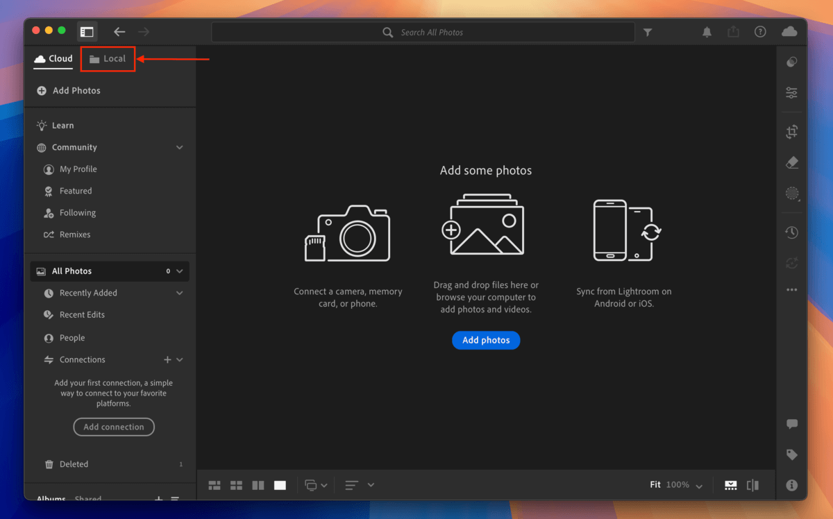 Local button in Adobe Lightroom 