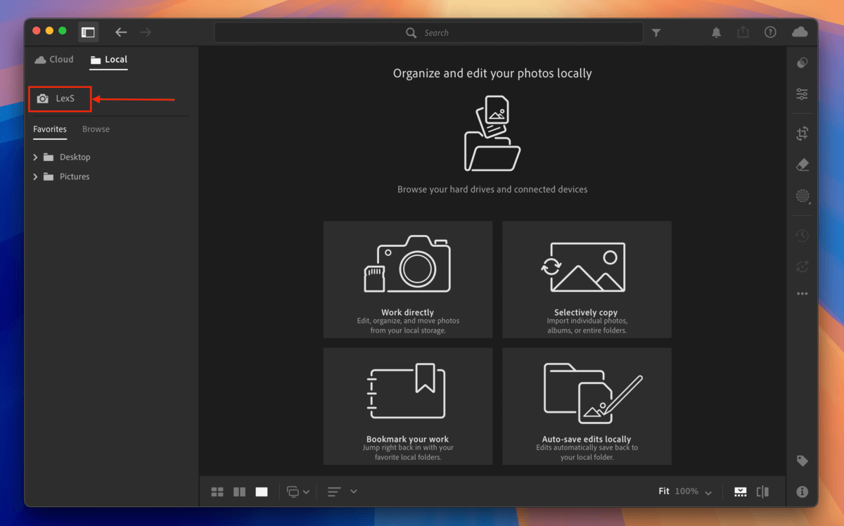 local dashboard in Adobe Lightroom