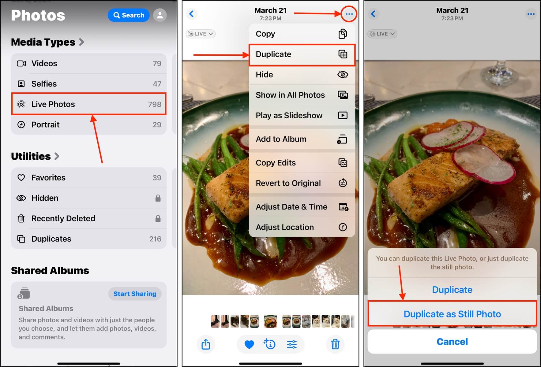 duplicating as still photo in Photos