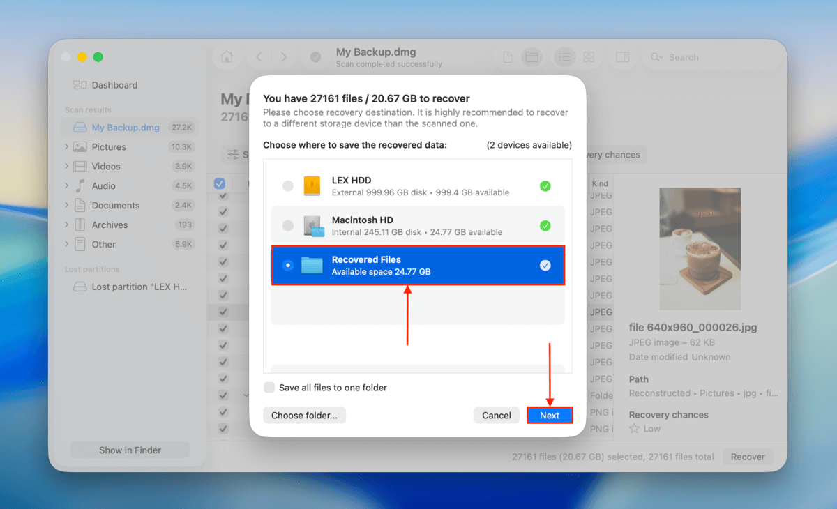 file destination selection dialog box