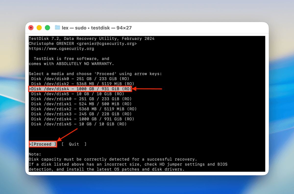 proceed option in testdisk