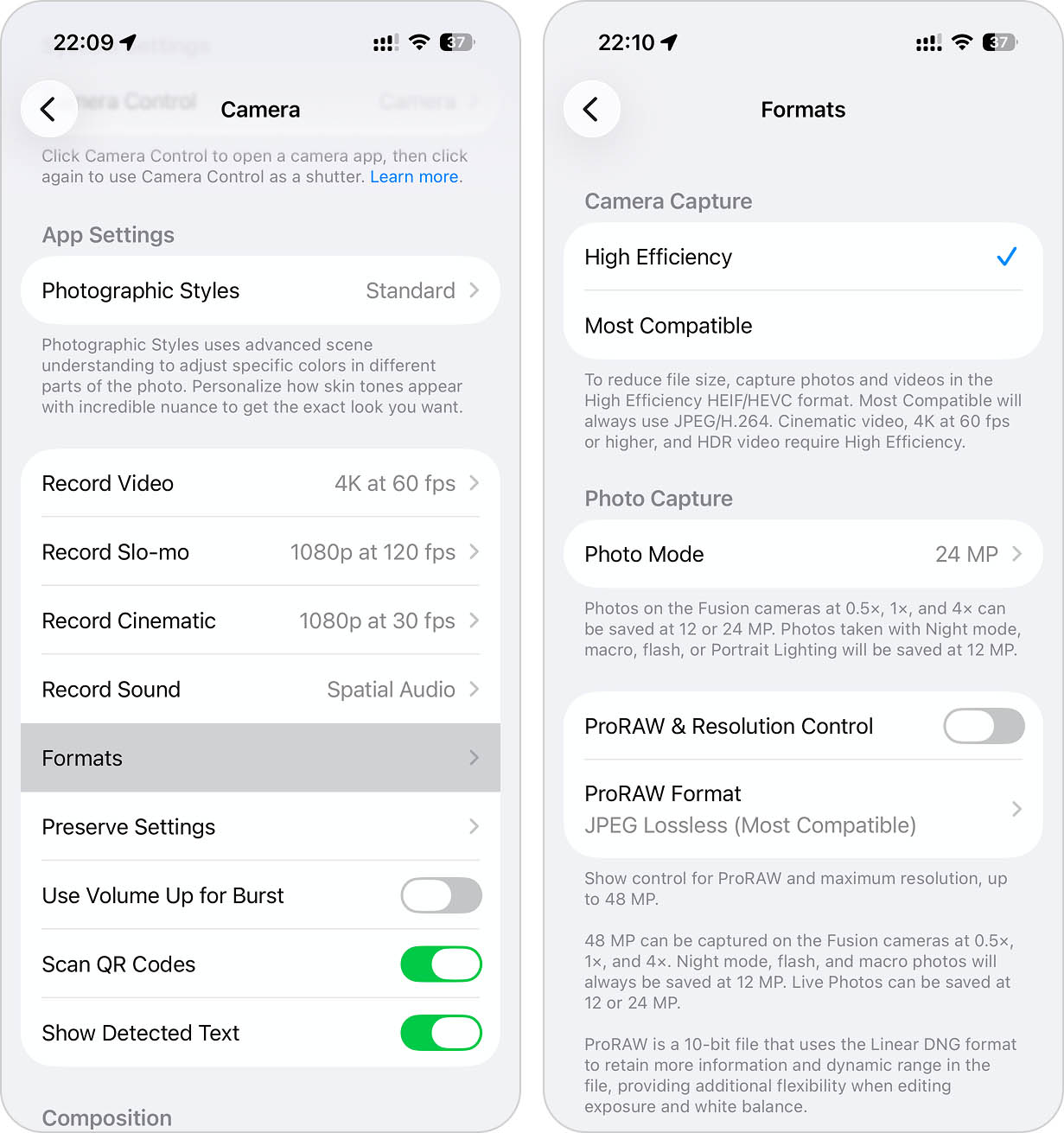set formatting options in camera app